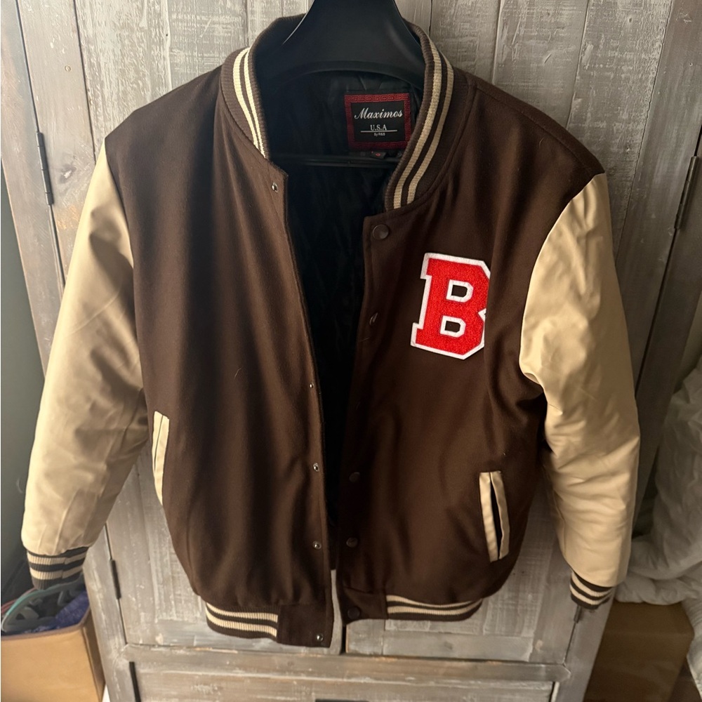 Men's Brown and Cream Varsity Jacket medium